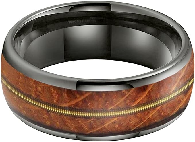 Genuine Carbide Tungsten Color: 8mm Gunmetal Whisky Wood Golden guitar string inlay High Polished inner-face design smooth and shiny. Comfort Fit Wedding Band Size 6-15