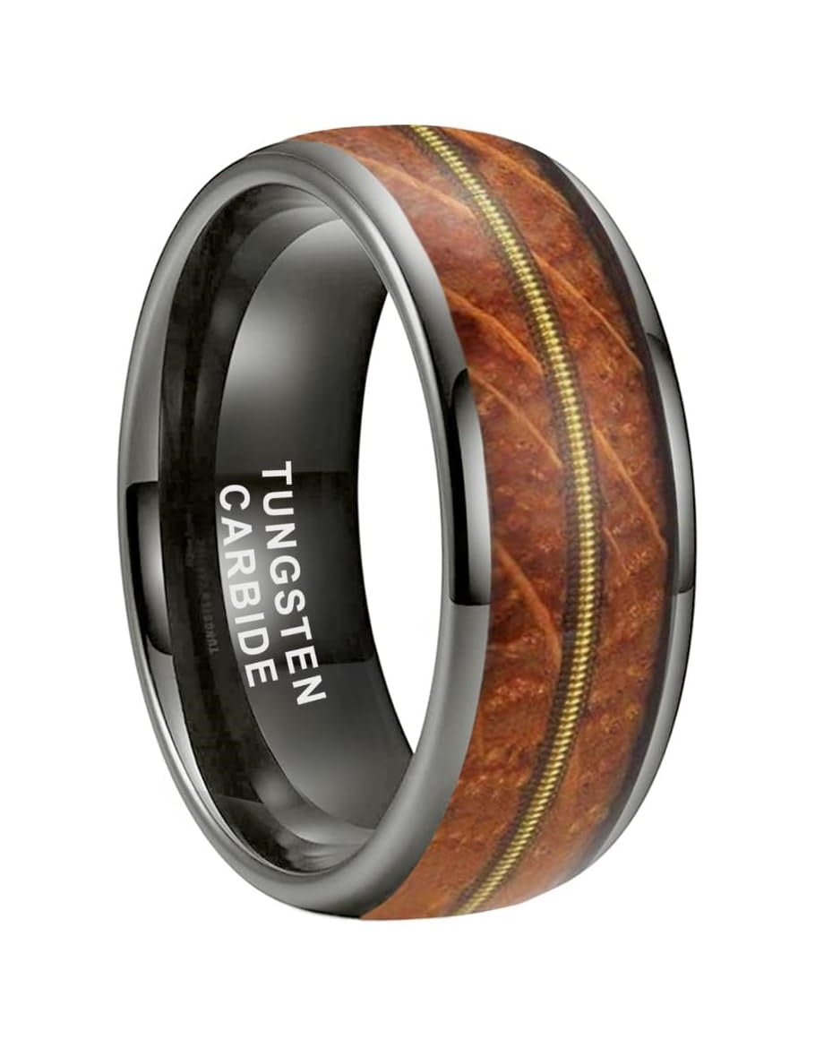 Genuine Carbide Tungsten Color: 8mm Gunmetal Whisky Wood Golden guitar string inlay High Polished inner-face design smooth and shiny. Comfort Fit Wedding Band Size 6-15