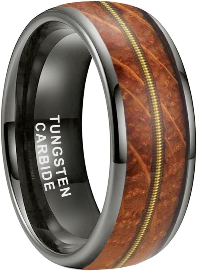 Genuine Carbide Tungsten Color: 8mm Gunmetal Whisky Wood Golden guitar string inlay High Polished inner-face design smooth and shiny. Comfort Fit Wedding Band Size 6-15