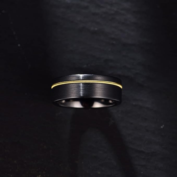 Genuine Carbide Tungsten Color: 8mm Black Brushed Golden guitar string inlay High Polished inner-face design smooth and shiny. Comfort Fit Wedding Band Size 6-15