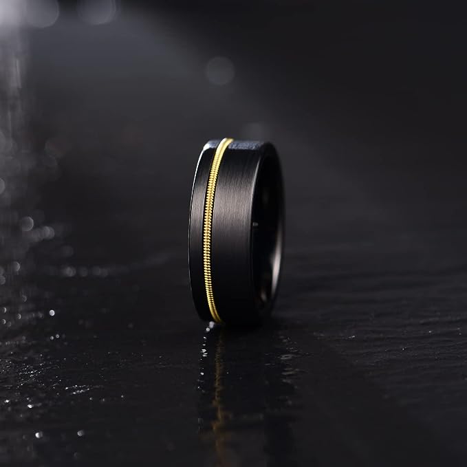 Genuine Carbide Tungsten Color: 8mm Black Brushed Golden guitar string inlay High Polished inner-face design smooth and shiny. Comfort Fit Wedding Band Size 6-15