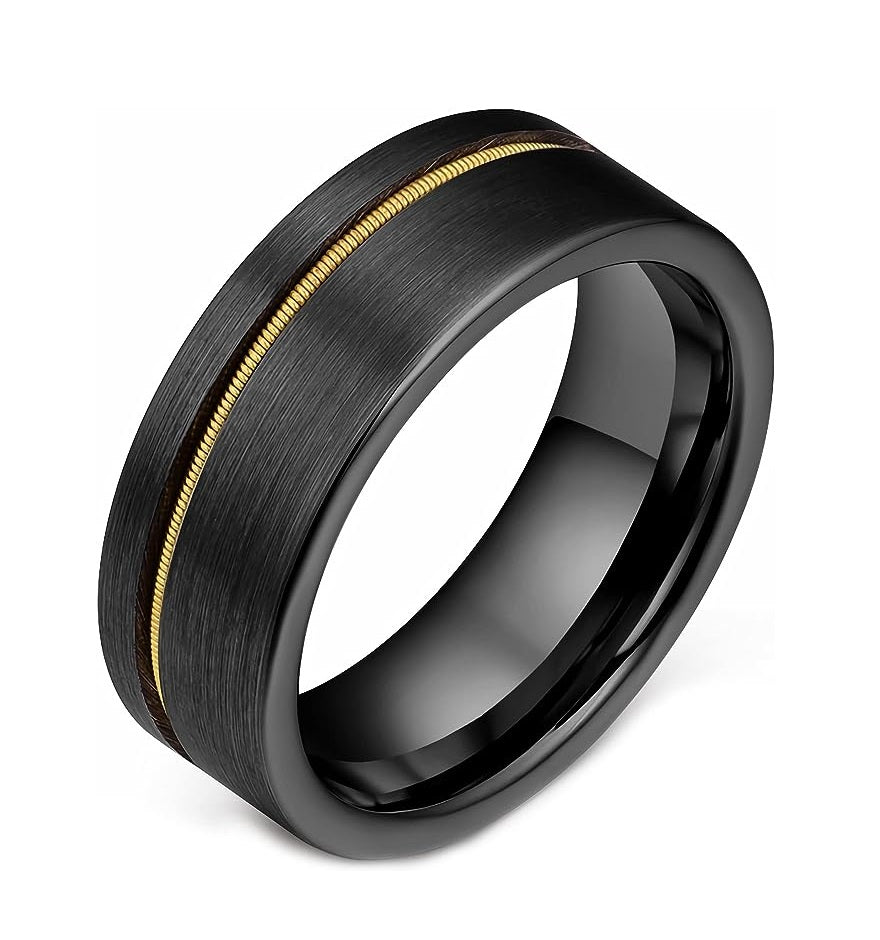 Genuine Carbide Tungsten Color: 8mm Black Brushed Golden guitar string inlay High Polished inner-face design smooth and shiny. Comfort Fit Wedding Band Size 6-15