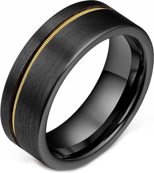 Genuine Carbide Tungsten Color: 8mm Black Brushed Golden guitar string inlay High Polished inner-face design smooth and shiny. Comfort Fit Wedding Band Size 6-15