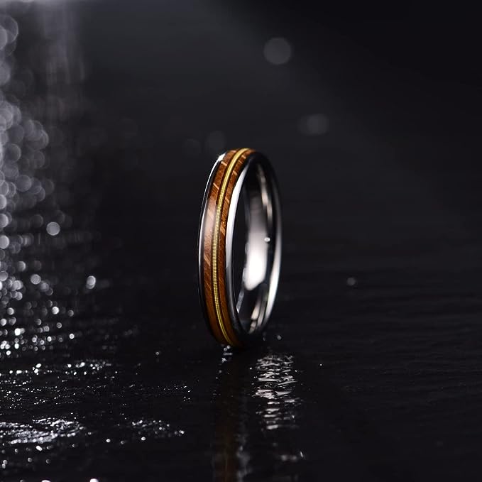 Genuine Carbide Tungsten Color: 4mm  Wood Silver Golden guitar string inlay High Polished inner-face design smooth and shiny. Comfort Fit Wedding Band Size 6-15