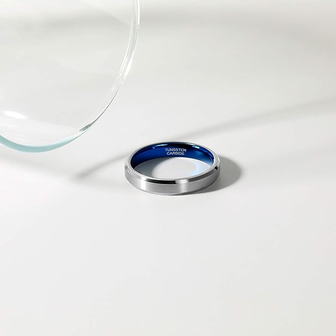 Genuine Carbide Tungsten Color: 4MM BLUE SILVER BRUSHED Design Inlay High Polished inner-face design smooth and shiny. Comfort Fit Wedding Band Size 6-15