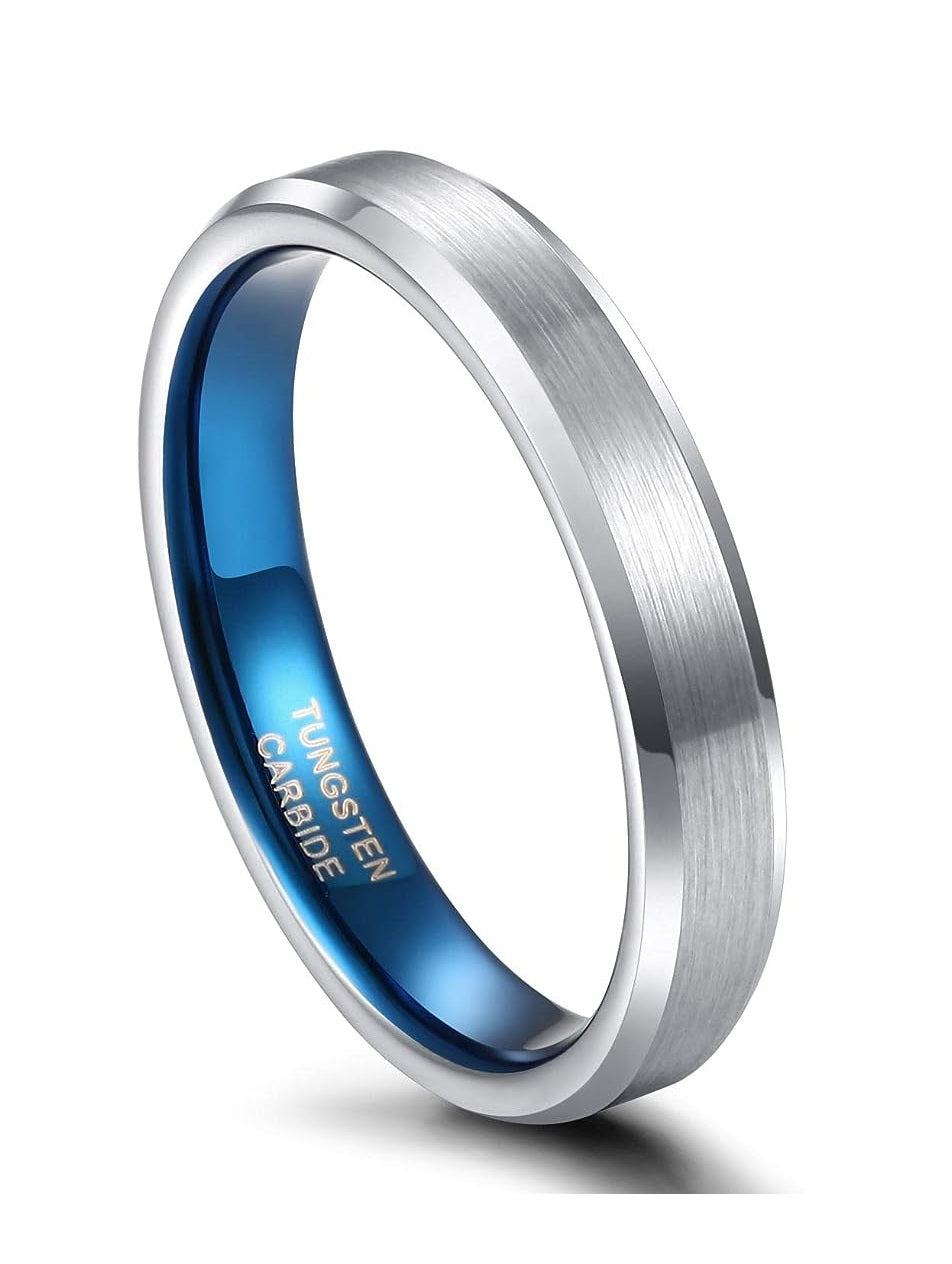 Genuine Carbide Tungsten Color: 4MM BLUE SILVER BRUSHED Design Inlay High Polished inner-face design smooth and shiny. Comfort Fit Wedding Band Size 6-15