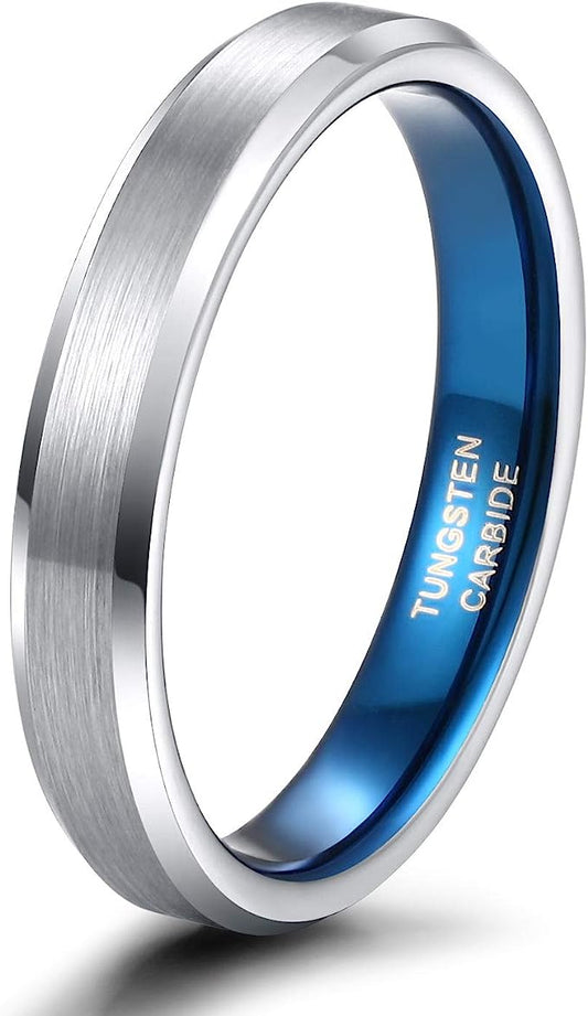 Genuine Carbide Tungsten Color: 4MM BLUE SILVER BRUSHED Design Inlay High Polished inner-face design smooth and shiny. Comfort Fit Wedding Band Size 6-15