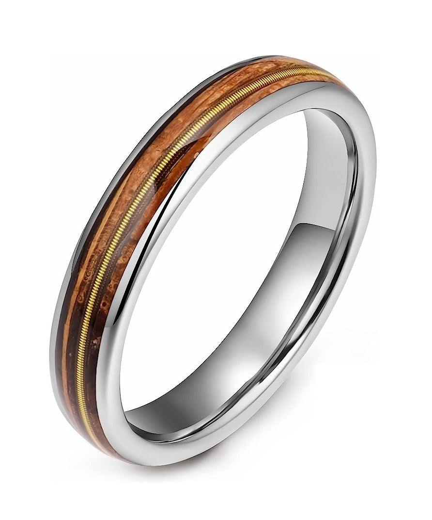 Genuine Carbide Tungsten Color: 4mm  Wood Silver Golden guitar string inlay High Polished inner-face design smooth and shiny. Comfort Fit Wedding Band Size 6-15