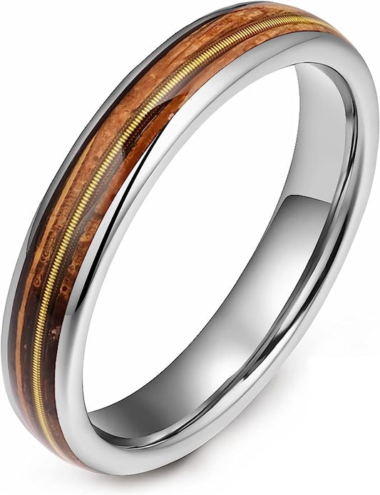 Genuine Carbide Tungsten Color: 4mm  Wood Silver Golden guitar string inlay High Polished inner-face design smooth and shiny. Comfort Fit Wedding Band Size 6-15