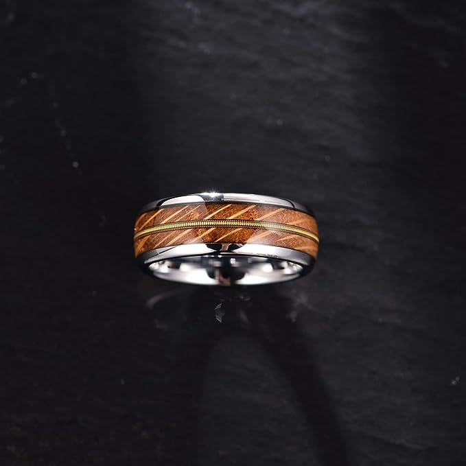 Genuine Carbide Tungsten Color: 8mm  Wood Silver Golden guitar string inlay High Polished inner-face design smooth and shiny. Comfort Fit Wedding Band Size 6-15