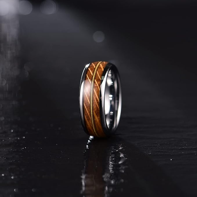 Genuine Carbide Tungsten Color: 8mm  Wood Silver Golden guitar string inlay High Polished inner-face design smooth and shiny. Comfort Fit Wedding Band Size 6-15