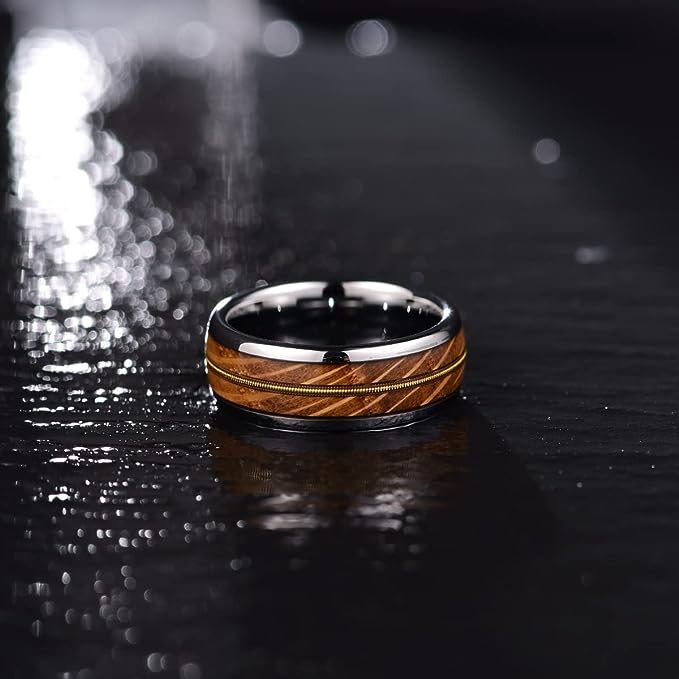 Genuine Carbide Tungsten Color: 8mm  Wood Silver Golden guitar string inlay High Polished inner-face design smooth and shiny. Comfort Fit Wedding Band Size 6-15