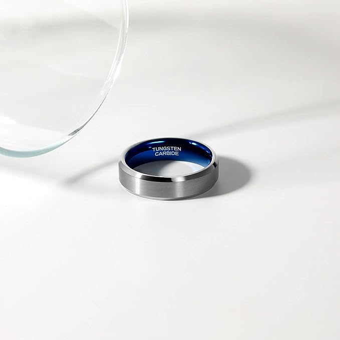 Genuine Carbide Tungsten Color: 6MM BLUE SILVER BRUSHED Design Inlay High Polished inner-face design smooth and shiny. Comfort Fit Wedding Band Size 6-15