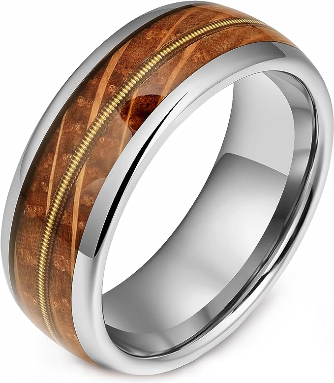 Genuine Carbide Tungsten Color: 8mm  Wood Silver Golden guitar string inlay High Polished inner-face design smooth and shiny. Comfort Fit Wedding Band Size 6-15