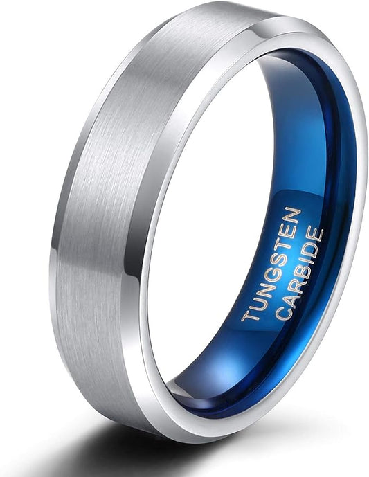 Genuine Carbide Tungsten Color: 6MM BLUE SILVER BRUSHED Design Inlay High Polished inner-face design smooth and shiny. Comfort Fit Wedding Band Size 6-15