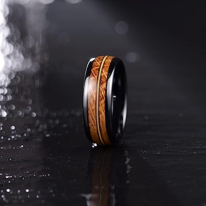 Genuine Carbide Tungsten Color: 8mm Black Wood Golden guitar string inlay High Polished inner-face design smooth and shiny. Comfort Fit Wedding Band Size 6-15