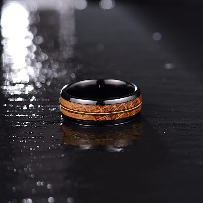 Genuine Carbide Tungsten Color: 8mm Black Wood Golden guitar string inlay High Polished inner-face design smooth and shiny. Comfort Fit Wedding Band Size 6-15