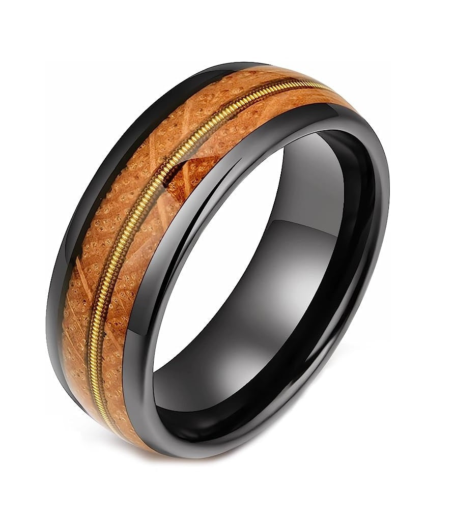 Genuine Carbide Tungsten Color: 8mm Black Wood Golden guitar string inlay High Polished inner-face design smooth and shiny. Comfort Fit Wedding Band Size 6-15