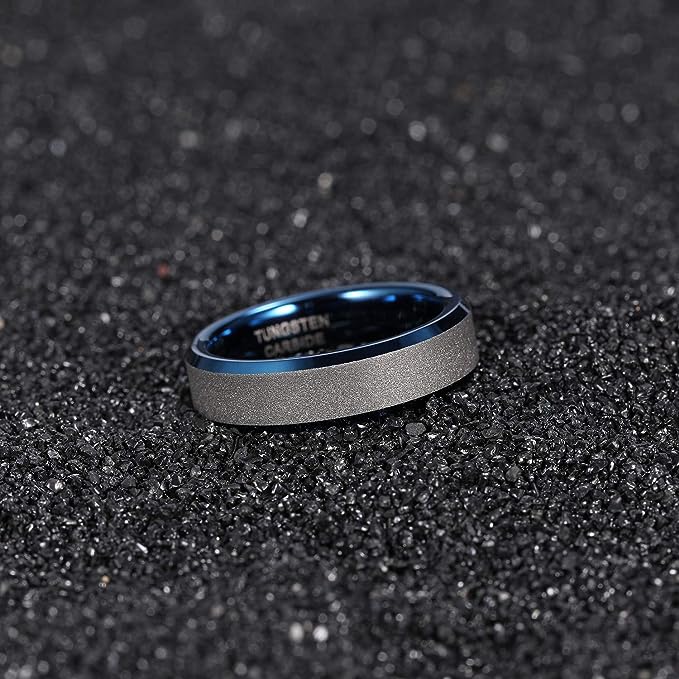 Genuine Carbide Tungsten Color: 6MM BLUE SILVER BRUSHED Design Inlay High Polished inner-face design smooth and shiny. Comfort Fit Wedding Band Size 6-15