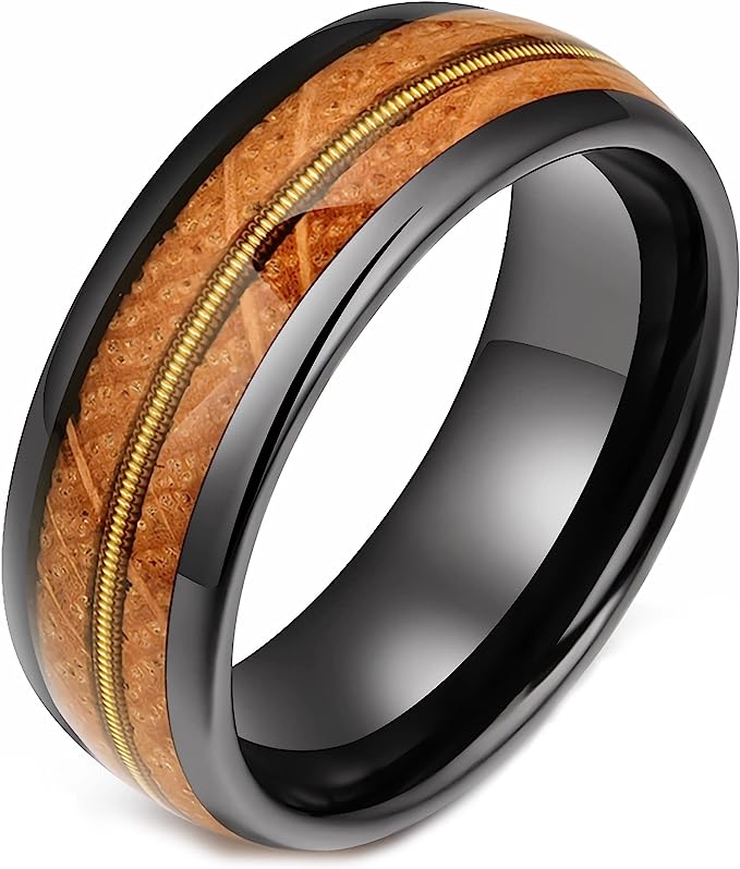 Genuine Carbide Tungsten Color: 8mm Black Wood Golden guitar string inlay High Polished inner-face design smooth and shiny. Comfort Fit Wedding Band Size 6-15