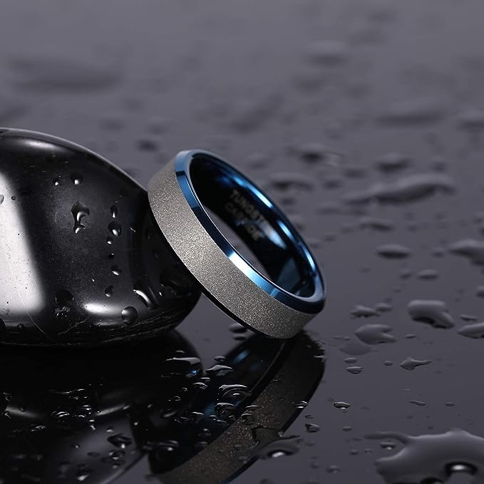 Genuine Carbide Tungsten Color: 6MM BLUE SILVER BRUSHED Design Inlay High Polished inner-face design smooth and shiny. Comfort Fit Wedding Band Size 6-15