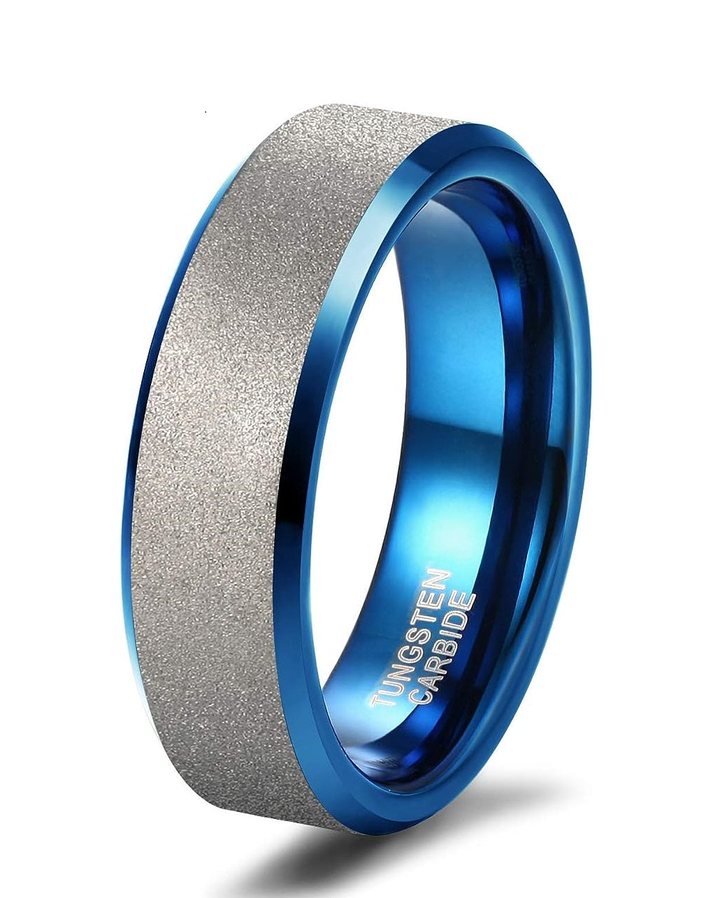 Genuine Carbide Tungsten Color: 6MM BLUE SILVER BRUSHED Design Inlay High Polished inner-face design smooth and shiny. Comfort Fit Wedding Band Size 6-15