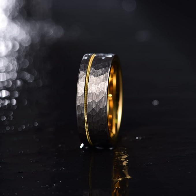 Genuine Carbide Tungsten Color: 8mm Golden Silver opal Golden guitar string inlay High Polished inner-face design smooth and shiny. Comfort Fit Wedding Band Size 6-15