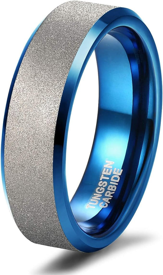 Genuine Carbide Tungsten Color: 6MM BLUE SILVER BRUSHED Design Inlay High Polished inner-face design smooth and shiny. Comfort Fit Wedding Band Size 6-15