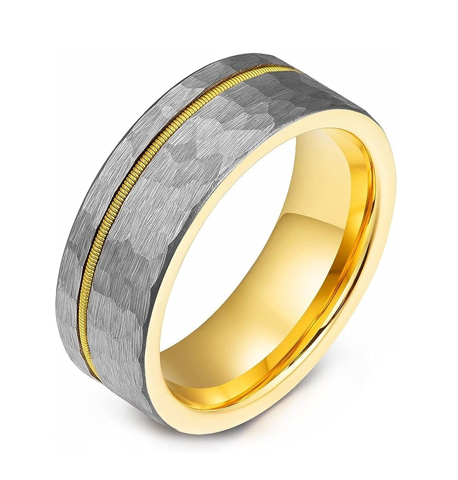 Genuine Carbide Tungsten Color: 8mm Golden Silver opal Golden guitar string inlay High Polished inner-face design smooth and shiny. Comfort Fit Wedding Band Size 6-15