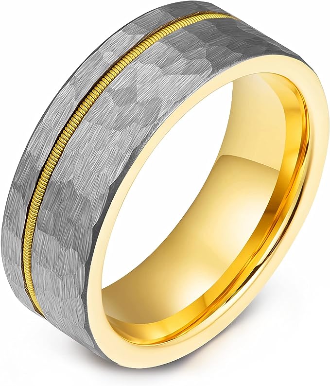 Genuine Carbide Tungsten Color: 8mm Golden Silver opal Golden guitar string inlay High Polished inner-face design smooth and shiny. Comfort Fit Wedding Band Size 6-15