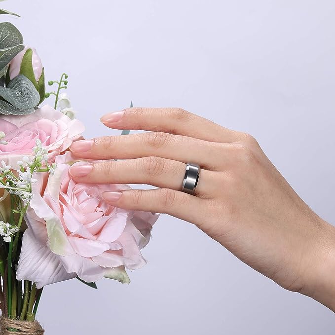 Genuine Carbide Tungsten Color: 8MM SILVER BRUSHED Design Inlay High Polished inner-face design smooth and shiny. Comfort Fit Wedding Band Size 6-15