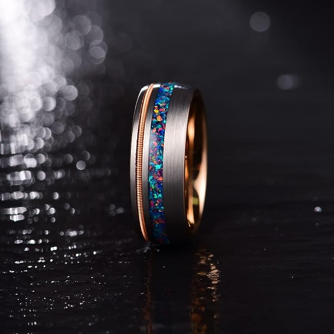 Genuine Carbide Tungsten Color: 8mm Rose Gold opal Silver brushed guitar string inlay High Polished inner-face design smooth and shiny. Comfort Fit Wedding Band Size 6-15