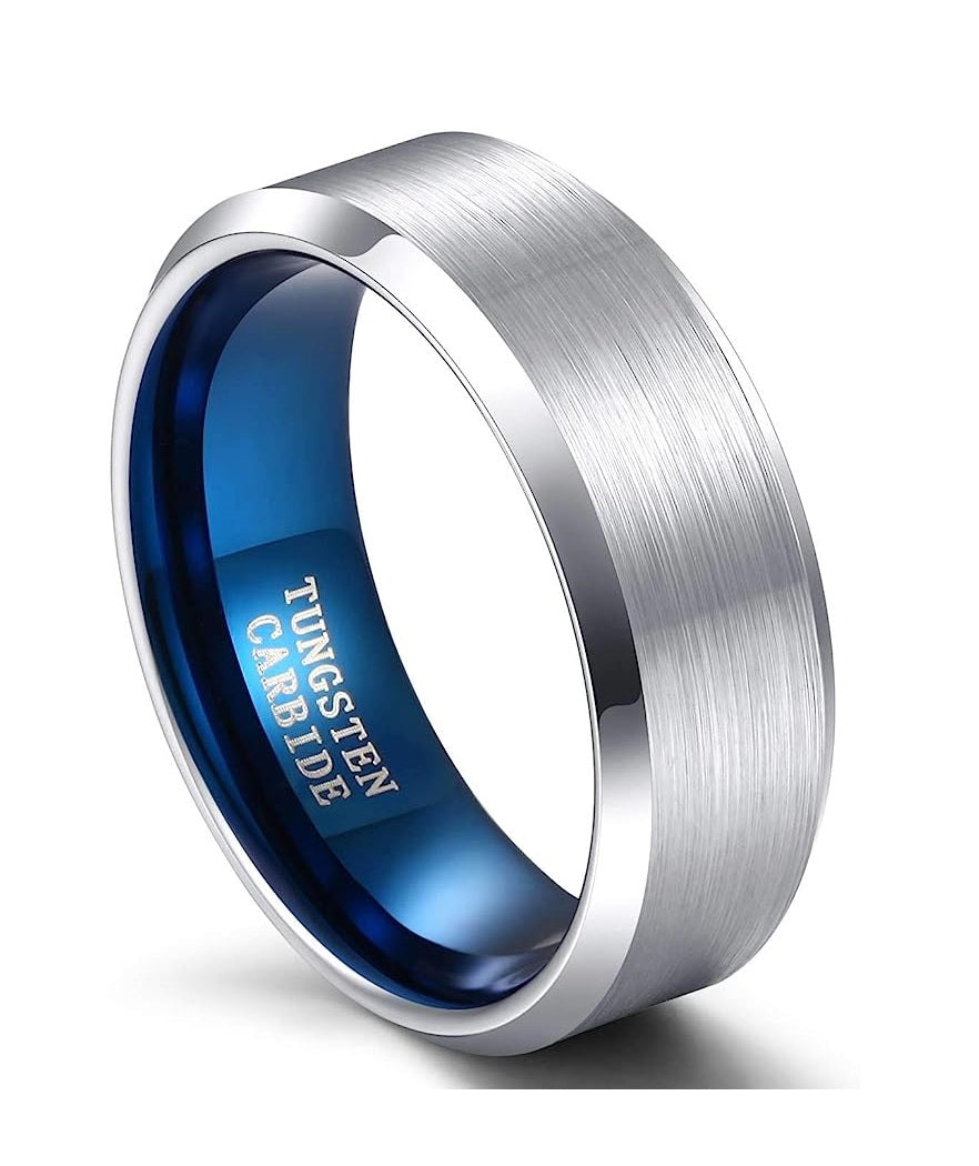 Genuine Carbide Tungsten Color: 8MM SILVER BRUSHED Design Inlay High Polished inner-face design smooth and shiny. Comfort Fit Wedding Band Size 6-15