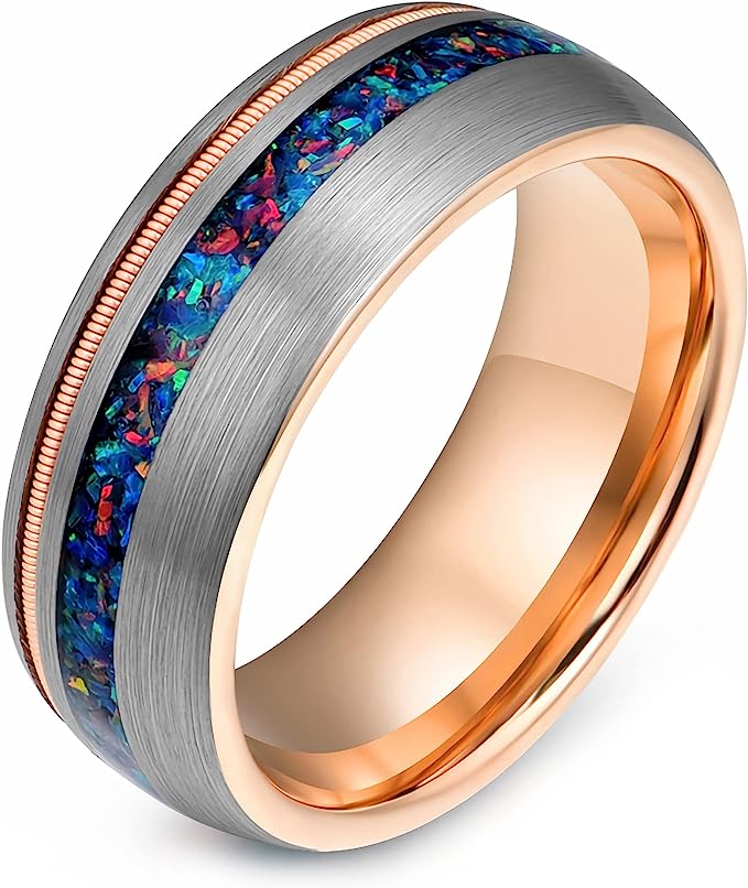 Genuine Carbide Tungsten Color: 8mm Rose Gold opal Silver brushed guitar string inlay High Polished inner-face design smooth and shiny. Comfort Fit Wedding Band Size 6-15