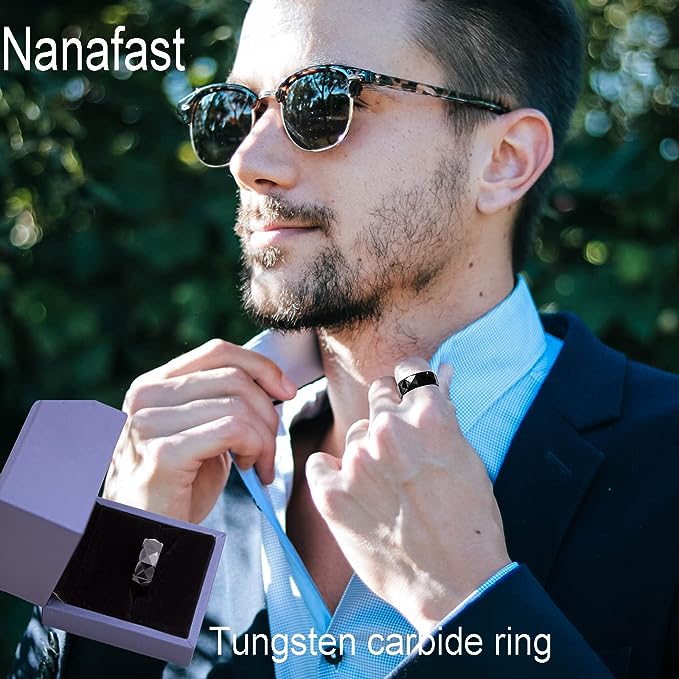 Genuine Carbide Tungsten Color: 8MM BLACK Multi faceted Design Inlay High Polished inner-face design smooth and shiny. Comfort Fit Wedding Band Size 6-15