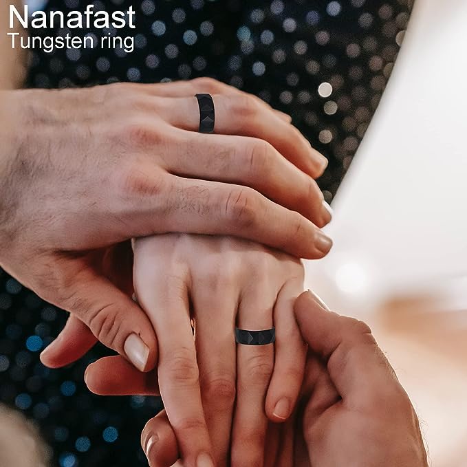 Genuine Carbide Tungsten Color: 8MM BLACK Multi faceted Design Inlay High Polished inner-face design smooth and shiny. Comfort Fit Wedding Band Size 6-15