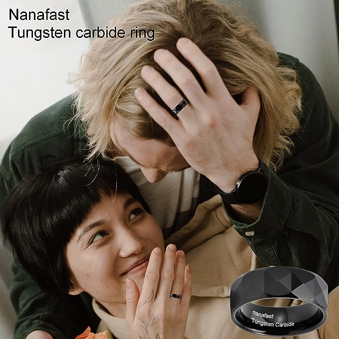Genuine Carbide Tungsten Color: 8MM BLACK Multi faceted Design Inlay High Polished inner-face design smooth and shiny. Comfort Fit Wedding Band Size 6-15