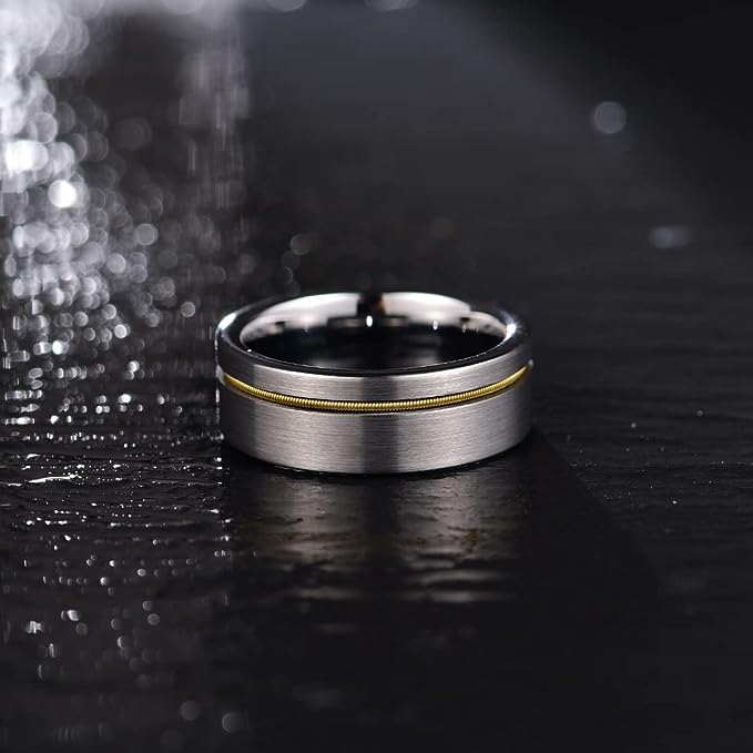 Genuine Carbide Tungsten Color: 8mm Silver brushed guitar string inlay High Polished inner-face design smooth and shiny. Comfort Fit Wedding Band Size 6-15