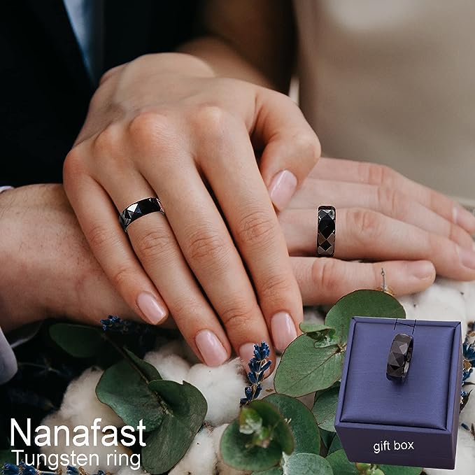 Genuine Carbide Tungsten Color: 8MM BLACK Multi faceted Design Inlay High Polished inner-face design smooth and shiny. Comfort Fit Wedding Band Size 6-15