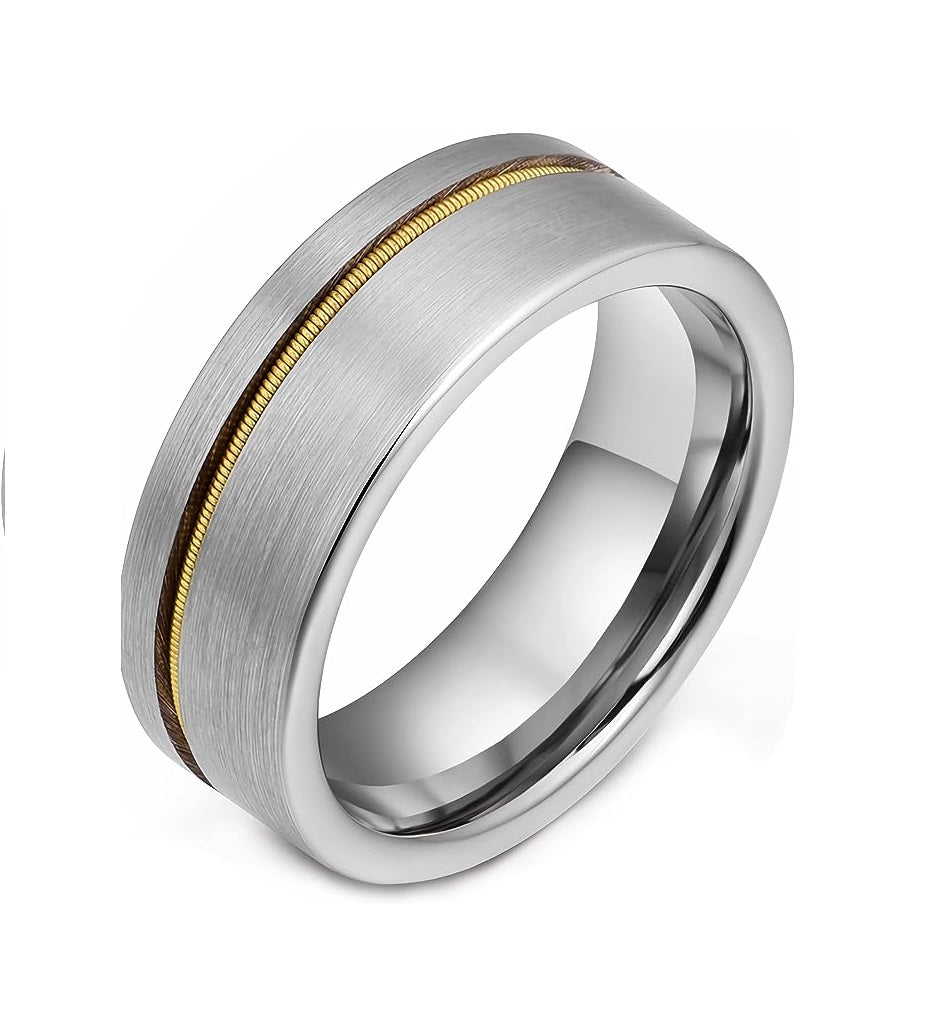 Genuine Carbide Tungsten Color: 8mm Silver brushed guitar string inlay High Polished inner-face design smooth and shiny. Comfort Fit Wedding Band Size 6-15