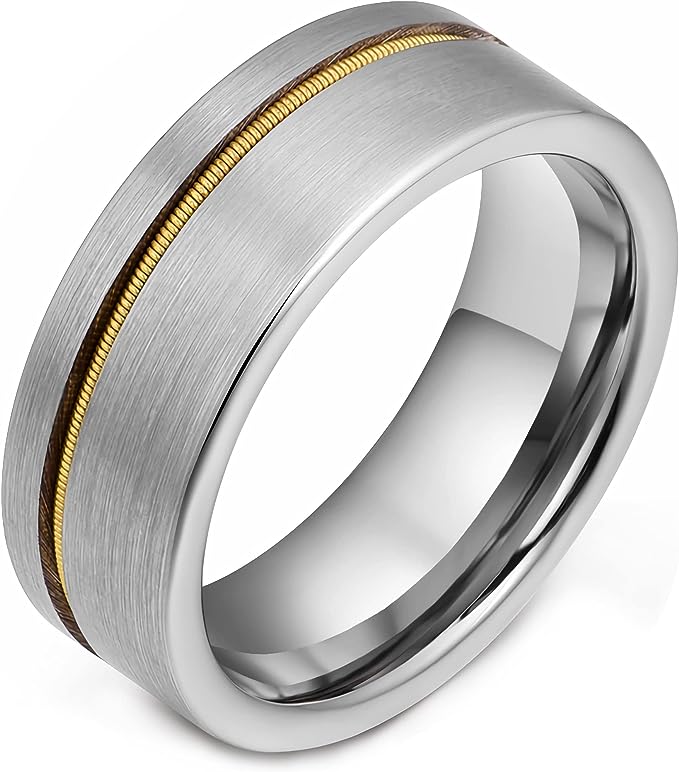 Genuine Carbide Tungsten Color: 8mm Silver brushed guitar string inlay High Polished inner-face design smooth and shiny. Comfort Fit Wedding Band Size 6-15