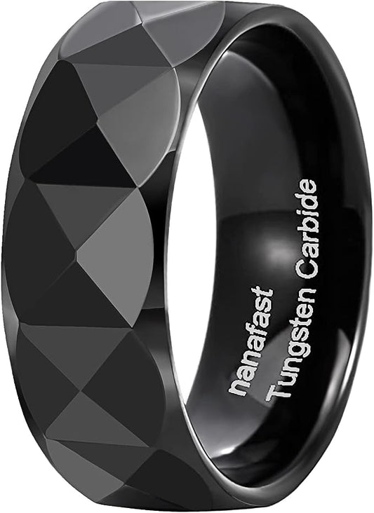 Genuine Carbide Tungsten Color: 8MM BLACK Multi faceted Design Inlay High Polished inner-face design smooth and shiny. Comfort Fit Wedding Band Size 6-15