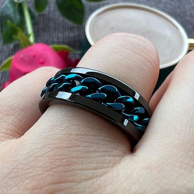 Genuine Carbide Tungsten Color: 8MM BLACK BLUE Chain Inlay High Polished inner-face design smooth and shiny. Comfort Fit Wedding Band Size 6-15