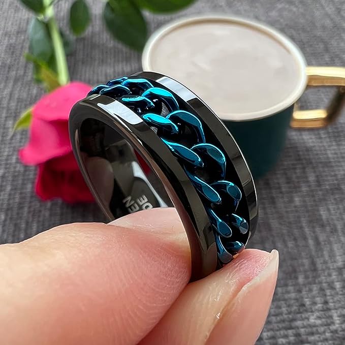 Genuine Carbide Tungsten Color: 8MM BLACK BLUE Chain Inlay High Polished inner-face design smooth and shiny. Comfort Fit Wedding Band Size 6-15