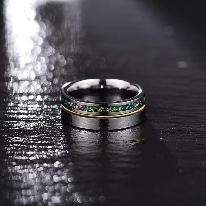 Genuine Carbide Tungsten Color: 8mm Silver opal guitar string inlay High Polished inner-face design smooth and shiny. Comfort Fit Wedding Band Size 6-15