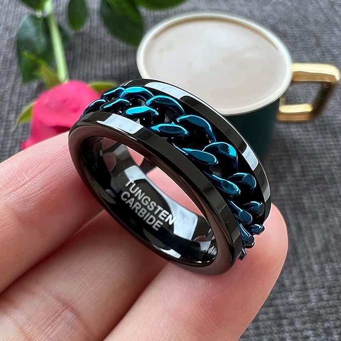 Genuine Carbide Tungsten Color: 8MM BLACK BLUE Chain Inlay High Polished inner-face design smooth and shiny. Comfort Fit Wedding Band Size 6-15