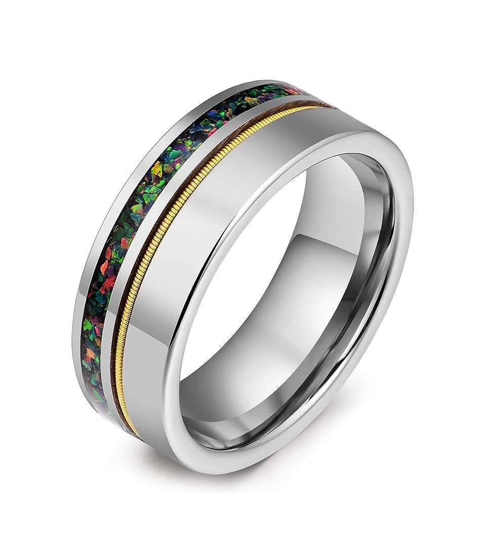 Genuine Carbide Tungsten Color: 8mm Silver opal guitar string inlay High Polished inner-face design smooth and shiny. Comfort Fit Wedding Band Size 6-15