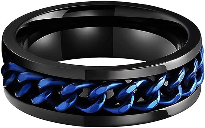 Genuine Carbide Tungsten Color: 8MM BLACK BLUE Chain Inlay High Polished inner-face design smooth and shiny. Comfort Fit Wedding Band Size 6-15