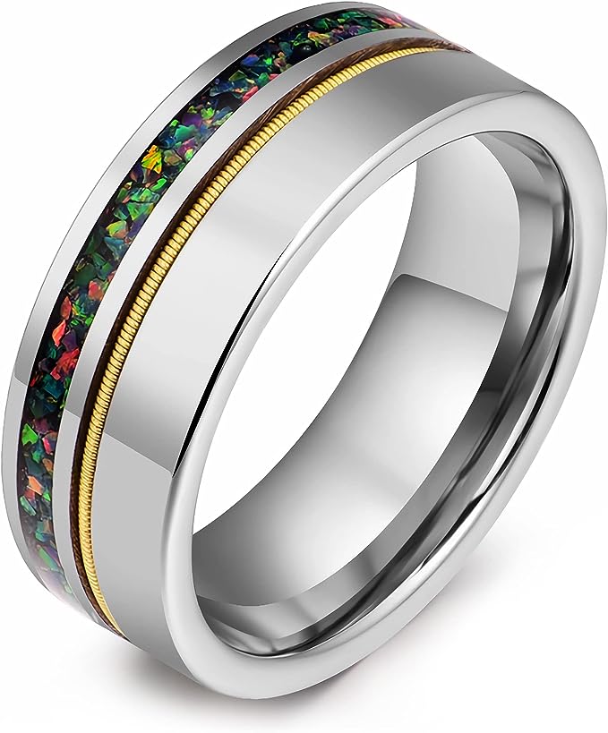 Genuine Carbide Tungsten Color: 8mm Silver opal guitar string inlay High Polished inner-face design smooth and shiny. Comfort Fit Wedding Band Size 6-15