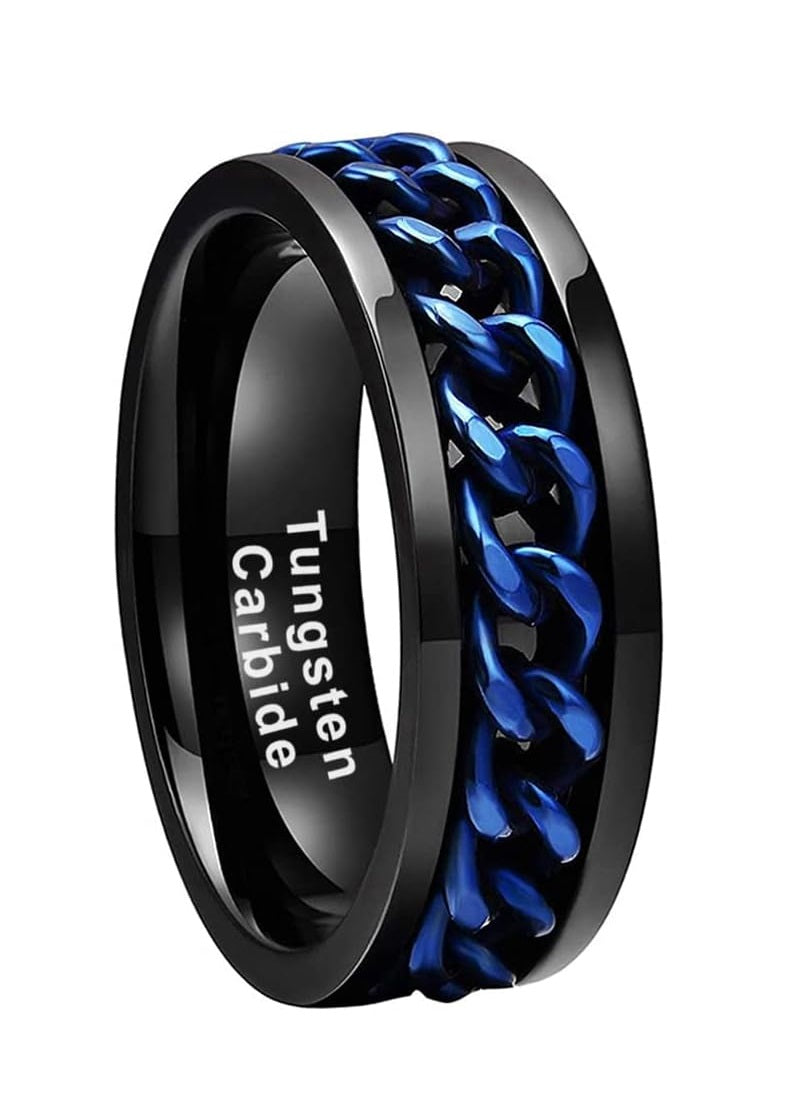 Genuine Carbide Tungsten Color: 8MM BLACK BLUE Chain Inlay High Polished inner-face design smooth and shiny. Comfort Fit Wedding Band Size 6-15